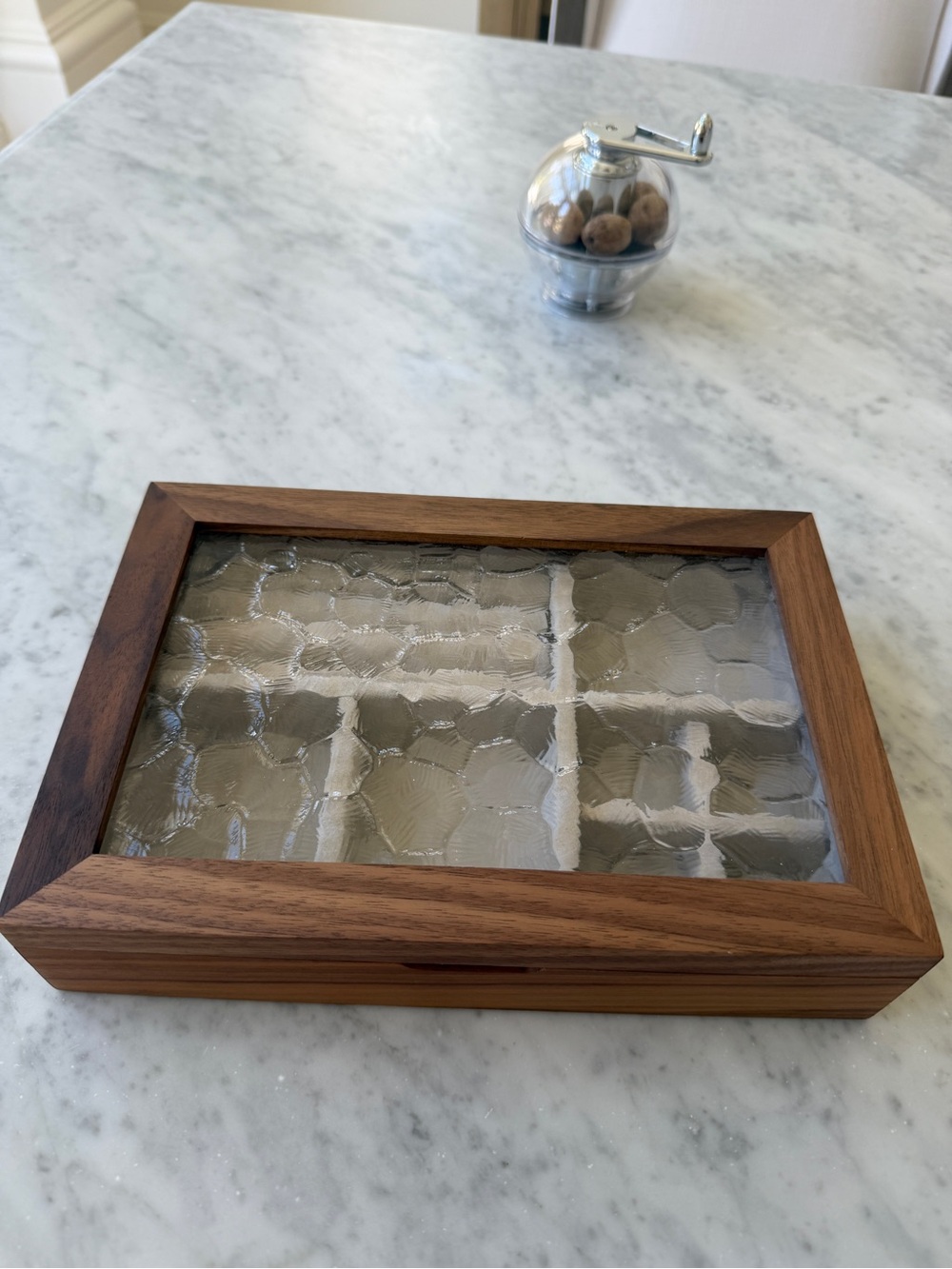 Solid Walnut Wood & Textured Glass Jewelry Display Box